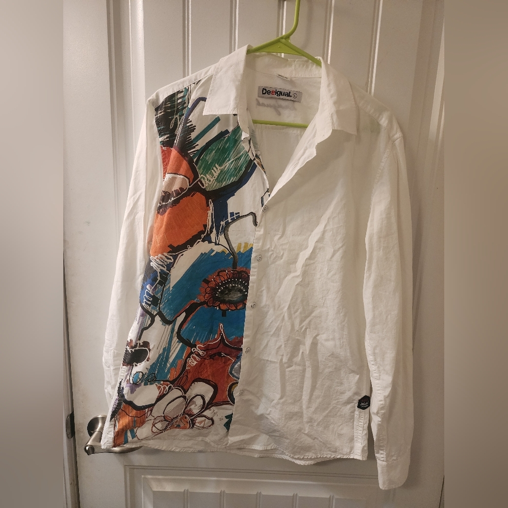 Desigual Graphic Button Down Shirt White Art Print Long Sleeve Size L - Picture 8 of 9